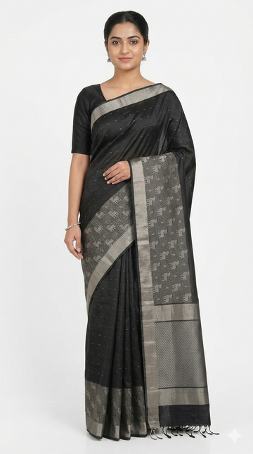 Elegant Black South Silk Saree With Silver Elephant Weaving And Designer Pallu