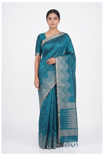 Teal Blue South Silk Saree With Geometric Silver Weaving And Designer Pallu