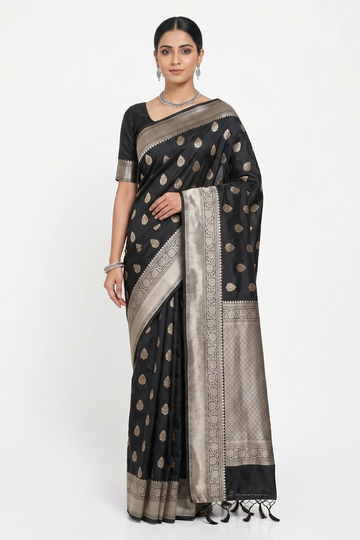 Black South Silk Saree With Silver Butta Weaving And Grand Zari Pallu