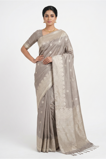 Taupe Grey South Silk Saree With Floral Zari Butta And Grand Woven Pallu