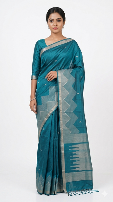 Teal Blue South Silk Saree With Geometric Silver Weaving And Contemporary Pallu