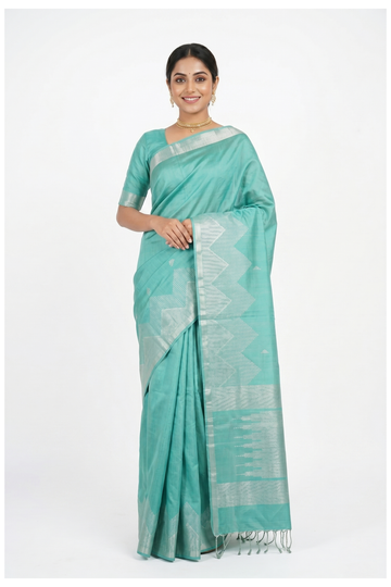 Mint Green South Silk Saree With Geometric Silver Weaving And Designer Pallu