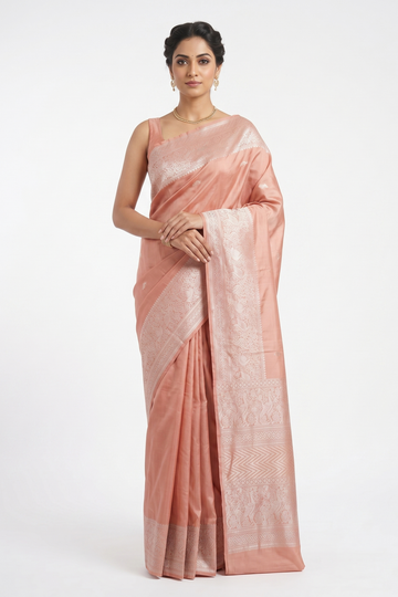 Peach Pink South Silk Saree With Heritage Zari Weaving And Grand Designer Pallu