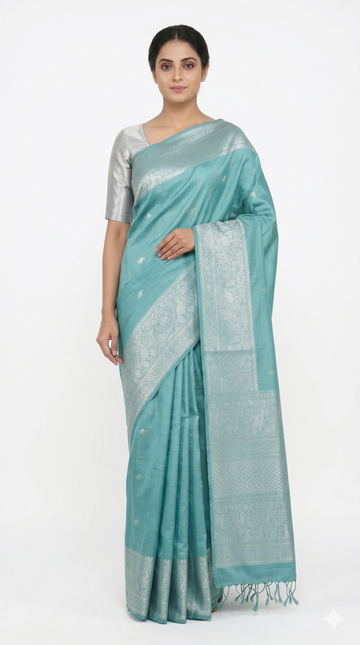 Powder Blue South Silk Saree With Silver Zari Weaving And Heritage Designer Pallu