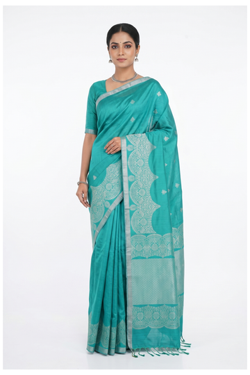 Turquoise Blue South Silk Saree With Floral Silver Weaving And Grand Designer Pallu