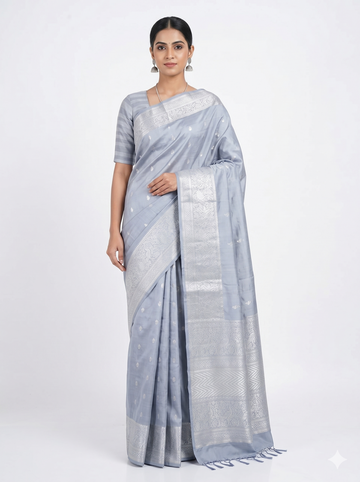 Ice Blue South Silk Saree With Silver Zari Butta And Heritage Woven Pallu