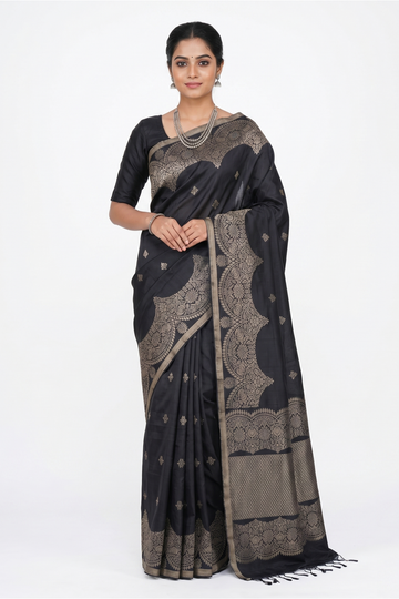 Classic Black South Silk Saree With Floral Silver Zari Border And Heritage Pallu