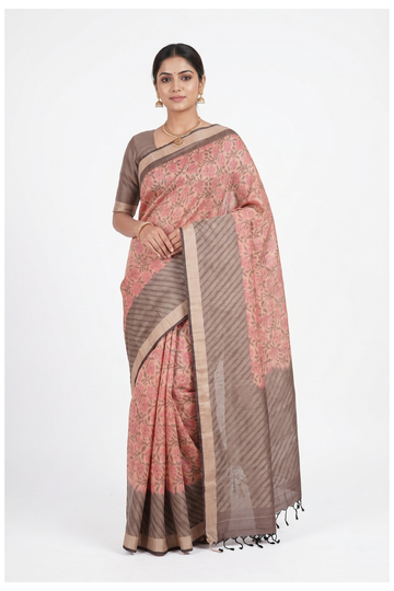 Dusty Rose Floral Pure Silk Saree With Elegant Stripe Pallu