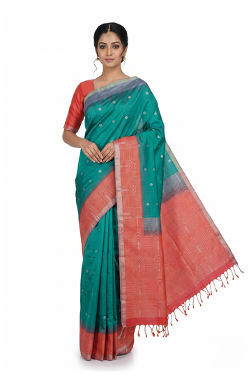 Teal Green Pure Banarasi Silk Saree With Silver Butta Weaving And Coral Contrast Pallu