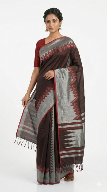 Chocolate Brown Pure Soft Silk Saree With Silver Woven Border And Contemporary Ikat Pallu