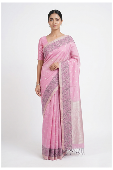 Baby Pink Pure Soft Silk Saree With Silver Butta Weaving And Floral Border Design