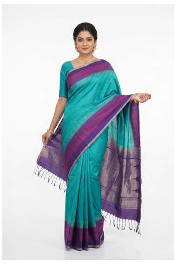 Turquoise Blue Pure Silk Saree With Purple Contrast Border And Silver Woven Pallu