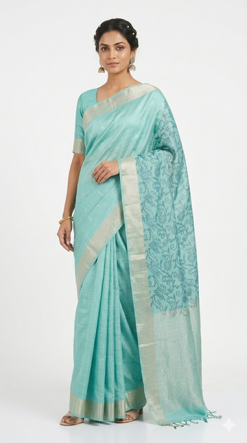 Aqua Blue Pure Silk Saree With Silver Zari Border And Floral Woven Pallu