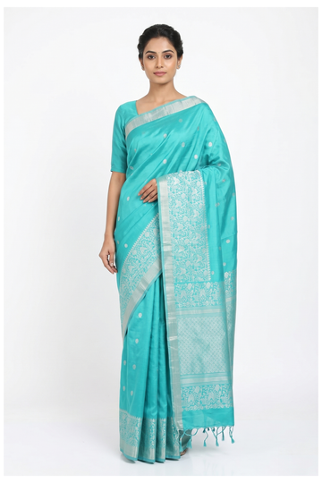 Aqua Blue Pure Silk Saree With Silver Zari Butta And Heritage Woven Pallu