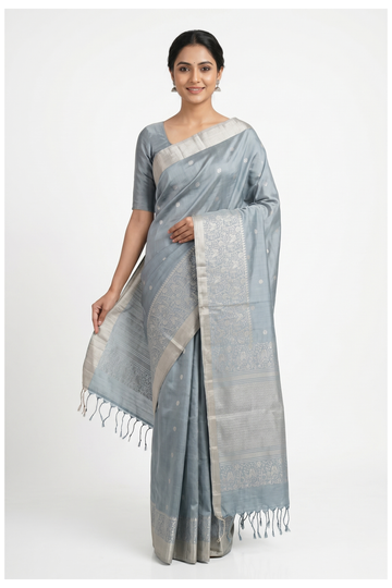 Powder Blue Pure Soft Silk Saree With Silver Zari Butta And Intricate Heritage Weaving