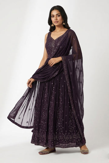 Deep Wine Sequin Embellished Anarkali With Net Dupatta