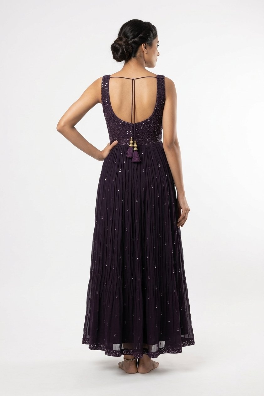 Deep Wine Sequin Embellished Anarkali With Net Dupatta