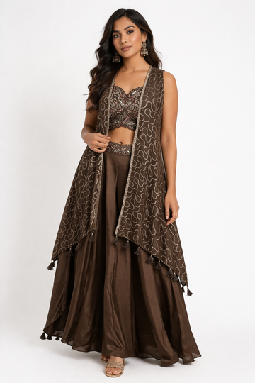 Elegant Chocolate Brown Indo-Western Lehenga Set with Embroidered Jacket