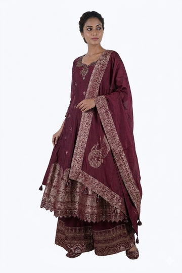 Elegant Wine Silk Anarkali Set With Woven Dupatta & Palazzo