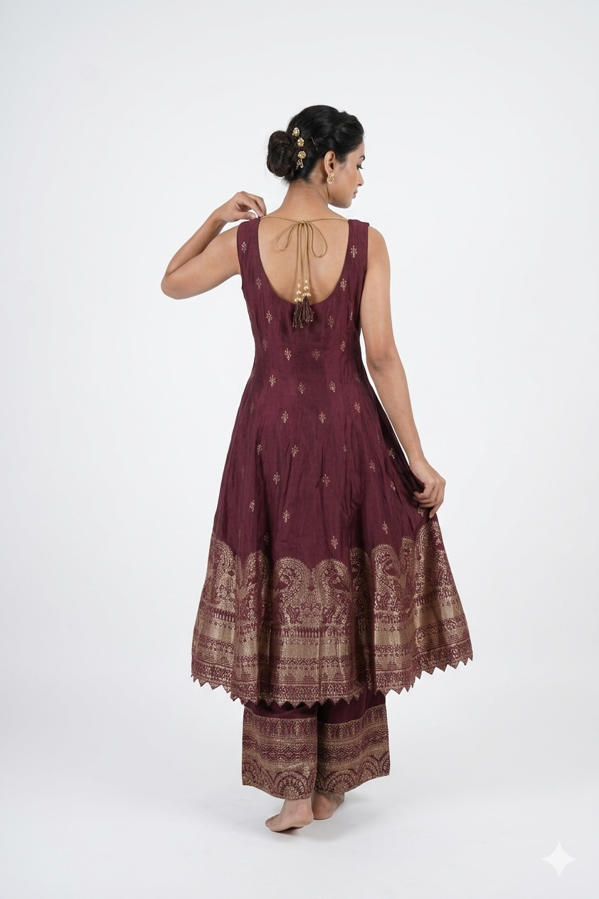 Elegant Wine Silk Anarkali Set With Woven Dupatta & Palazzo