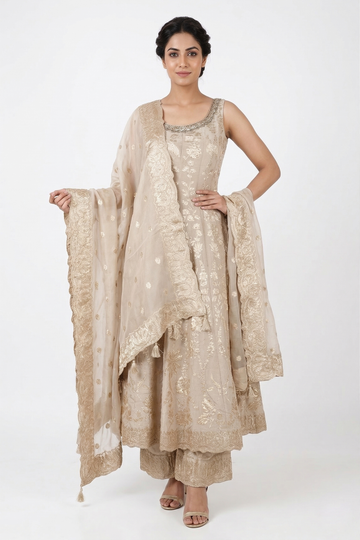 Beige Gold Zari Embroidered Anarkali Set With Dupatta