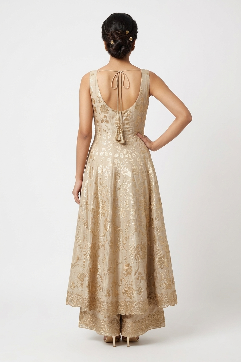 Beige Gold Zari Embroidered Anarkali Set With Dupatta