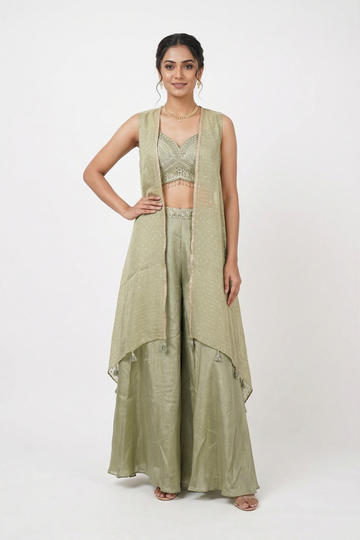 Pistachio Green Embroidered Bralette Set With Flared Pants & Long Cape Jacket