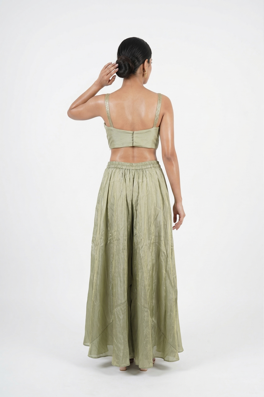 Pistachio Green Embroidered Bralette Set With Flared Pants & Long Cape Jacket