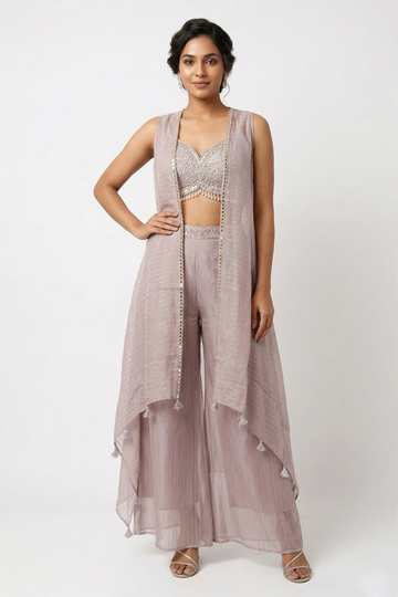 Lilac Mist Embroidered Bralette Set With Flared Pants & Long Cape Jacket