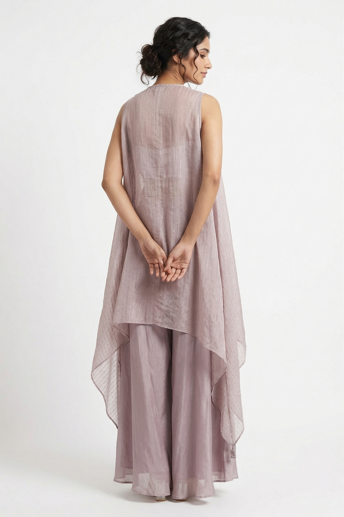 Lilac Mist Embroidered Bralette Set With Flared Pants & Long Cape Jacket