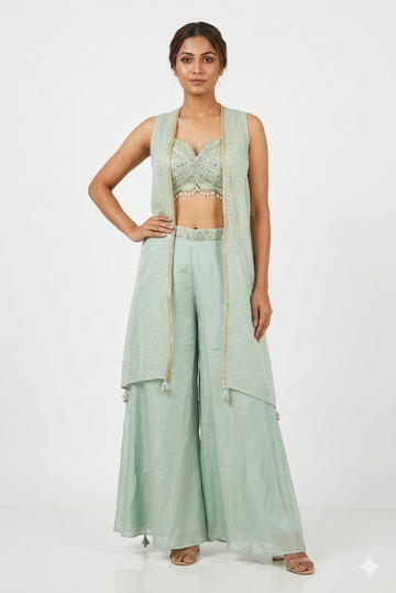 Mint Green Indo-western Palazzo Set With Embroidered Blouse & Long Jacket