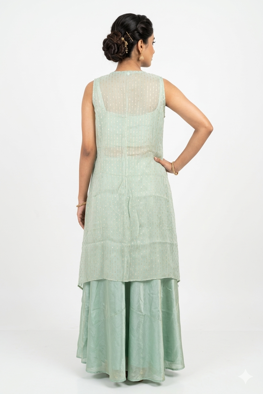 Mint Green Indo-western Palazzo Set With Embroidered Blouse & Long Jacket