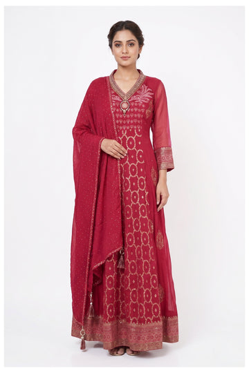 Ruby Red Embroidered Anarkali Suit Set With Dupatta