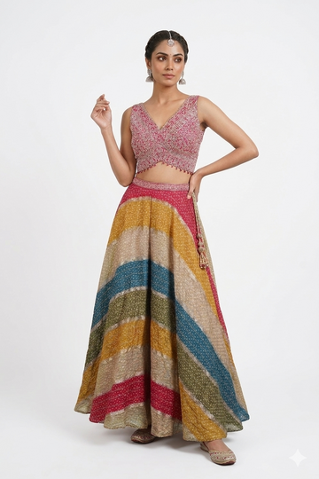Vibrant Multi-Color Bandhej Lehenga Set With Designer Blouse