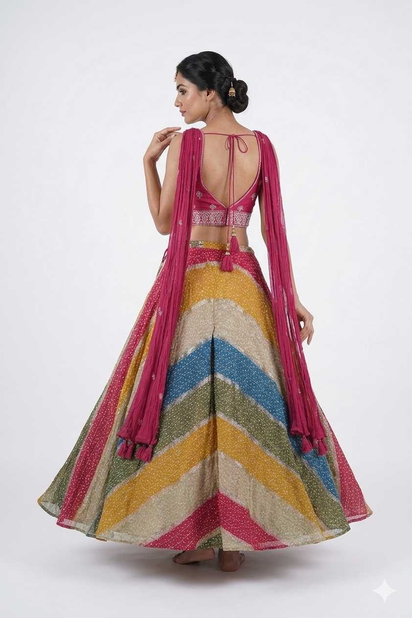 Vibrant Multi-Color Bandhej Lehenga Set With Designer Blouse