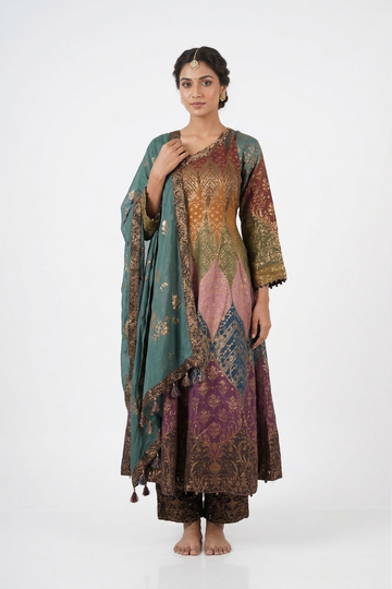Multicolor Banarasi Inspired Silk Kurta Set With Dupatta