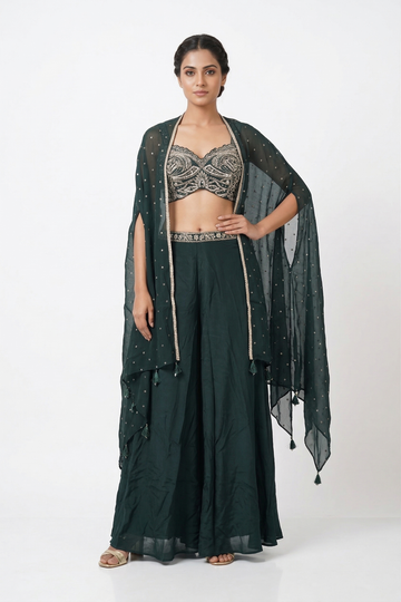 Dark Green Crop Top Skirt Set