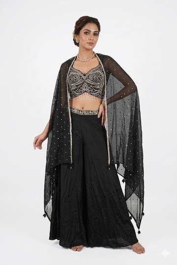 Elegant Black Designer Indo-Western Lehenga Set With Embroidered Blouse & Sheer Dupatta