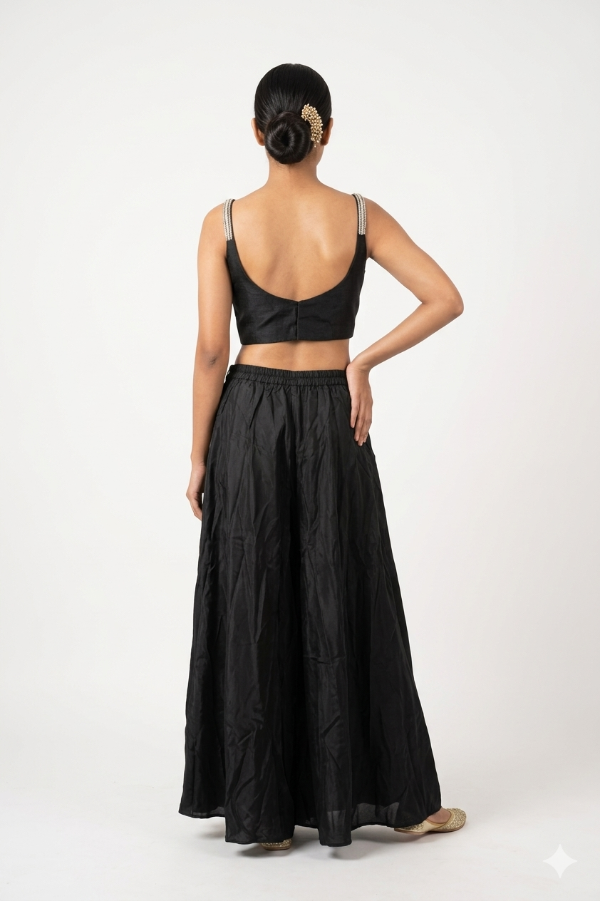 Elegant Black Designer Indo-Western Lehenga Set With Embroidered Blouse & Sheer Dupatta