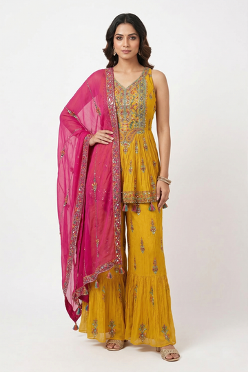Mustard Yellow Embroidered Sharara Set With Pink Dupatta