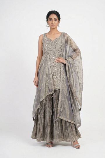 Elegant Gray Designer Sharara Set With Embroidered Kurti & Organza Dupatta