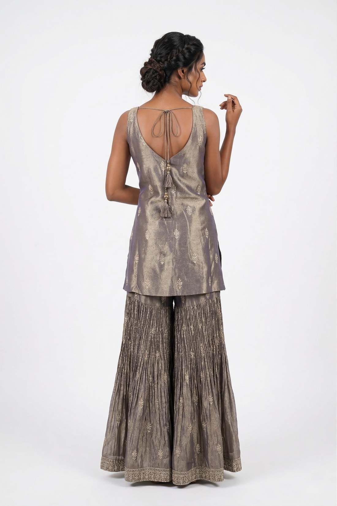 Elegant Gray Designer Sharara Set With Embroidered Kurti & Organza Dupatta