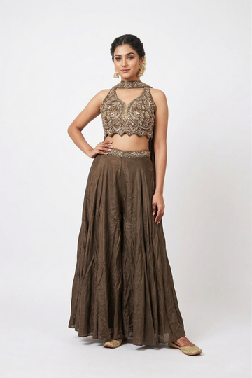 Chocolate Brown Embroidered Halter Blouse With Flared Skirt Set