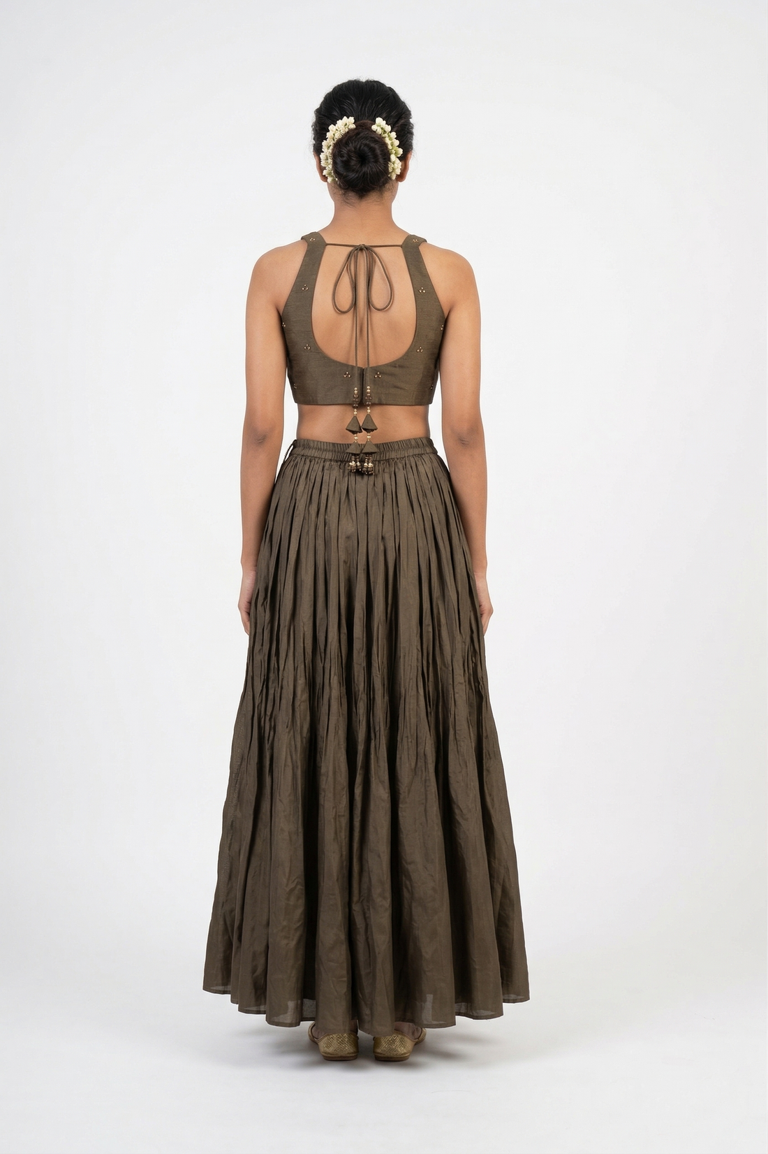 Chocolate Brown Embroidered Halter Blouse With Flared Skirt Set