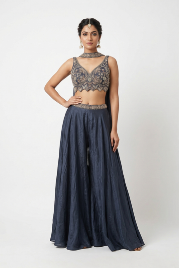 Steel Blue Embroidered Halter Blouse With Flared Skirt Set