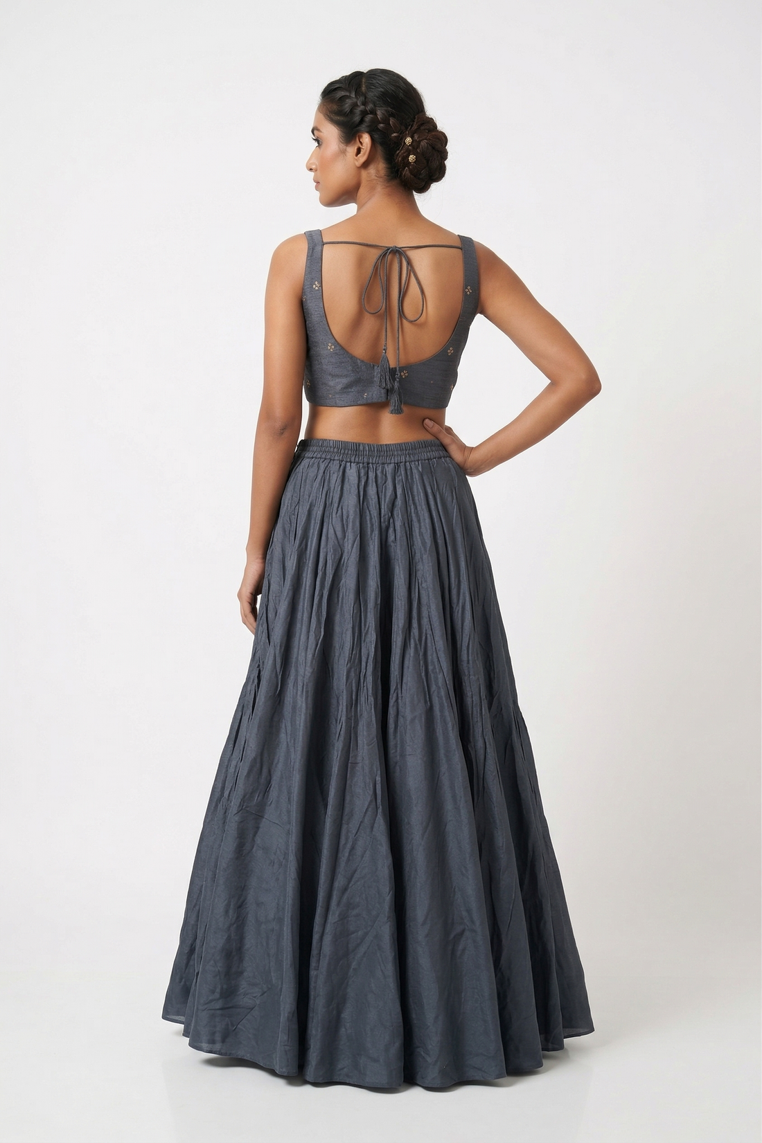 Steel Blue Embroidered Halter Blouse With Flared Skirt Set