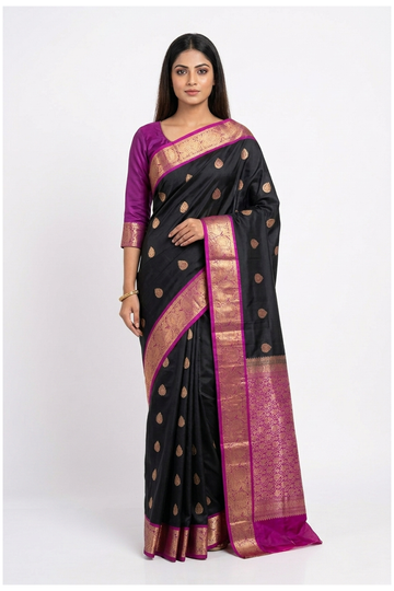 Black Pure Silk South Saree - Wedding & Party Wear