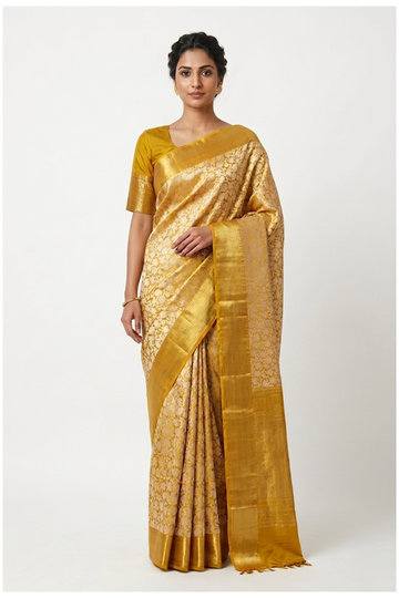 Golden Yellow South Silk Tissue Gajji Wedding Party Wear Saree