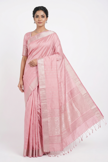 Blush Pink Pure Soft Silk Saree With Silver Zari Weaving And Elegant Heritage Pallu