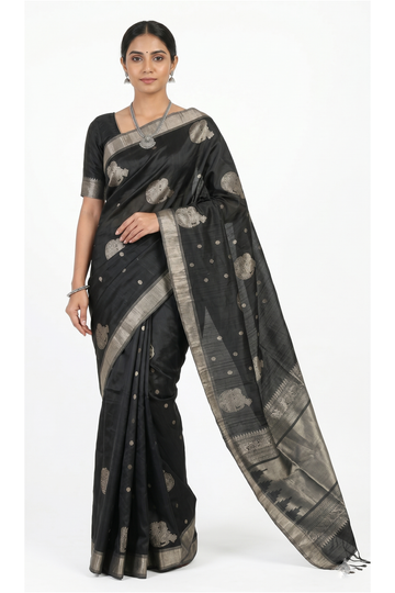 Black Pure Soft Silk Saree With Silver Zari Butta And Traditional Woven Pallu